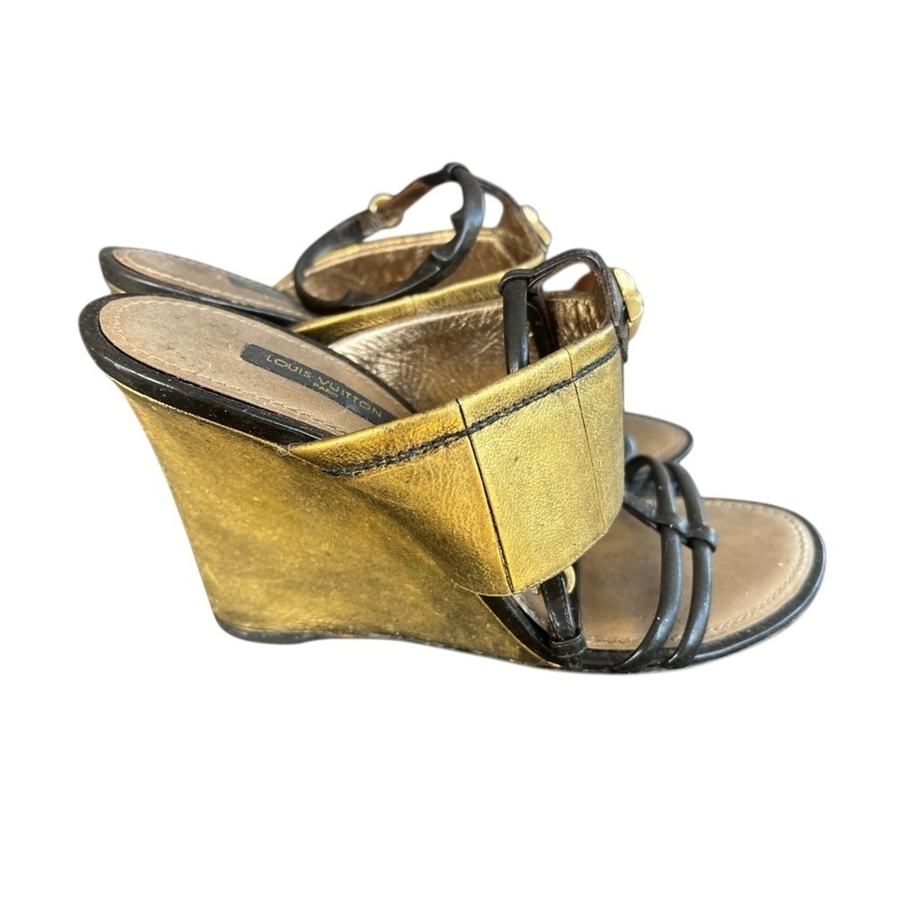 Louis Vuitton Gold and Black Wedge Sandals